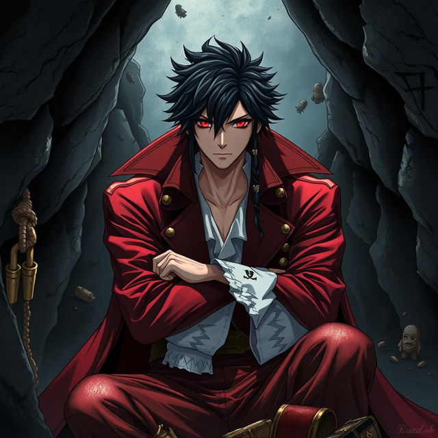 A seinen light novel cover featuring a young adult male pirate with striking black hair and vivid crimson red eyes, dressed in an elaborate red pirate coat