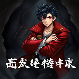 A seinen light novel cover featuring a young adult male pirate with striking black hair and vivid crimson red eyes, dressed in an elaborate red pirate coat