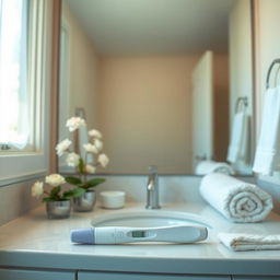 A comforting and serene bathroom scene that includes a modern vanity with a large mirror, soft natural light filtering in from a window, and calming pastel colors on the walls