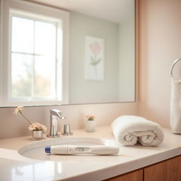 A comforting and serene bathroom scene that includes a modern vanity with a large mirror, soft natural light filtering in from a window, and calming pastel colors on the walls