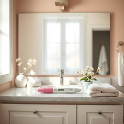 A comforting and serene bathroom scene that includes a modern vanity with a large mirror, soft natural light filtering in from a window, and calming pastel colors on the walls