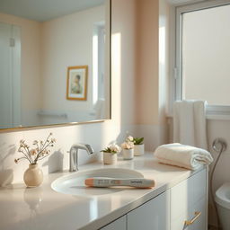 A comforting and serene bathroom scene that includes a modern vanity with a large mirror, soft natural light filtering in from a window, and calming pastel colors on the walls