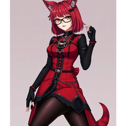 A captivating gothic anime girl, Kitsune, featuring shoulder-length red hair and sexy glasses that accentuate her allure