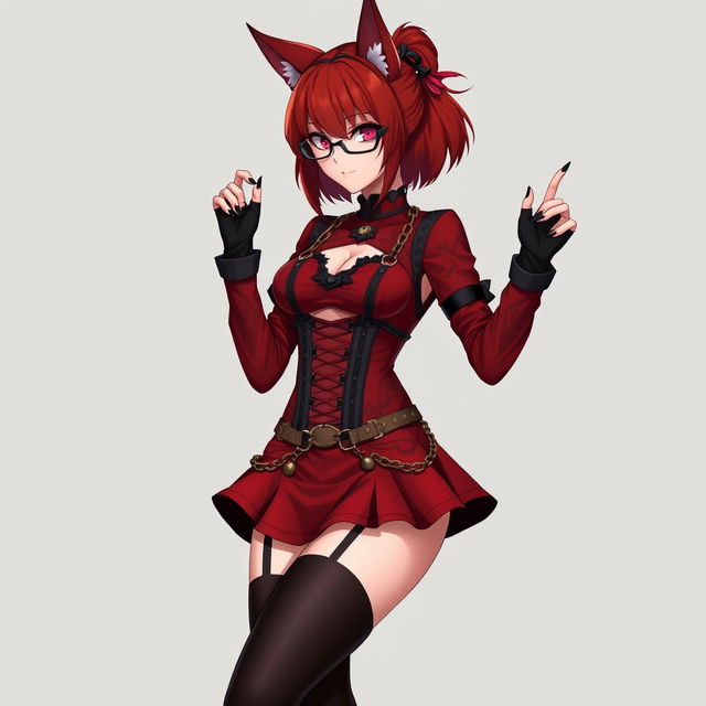 A captivating gothic anime girl, Kitsune, featuring shoulder-length red hair and sexy glasses that accentuate her allure