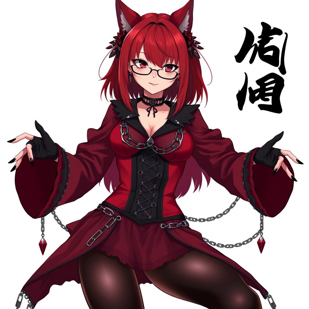 A captivating gothic anime girl, Kitsune, featuring shoulder-length red hair and sexy glasses that accentuate her allure