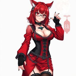 A captivating gothic anime girl, Kitsune, featuring shoulder-length red hair and sexy glasses that accentuate her allure