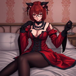 A sexy gothic anime girl, Kitsune, with shoulder-length red hair, sitting alluringly on a bed