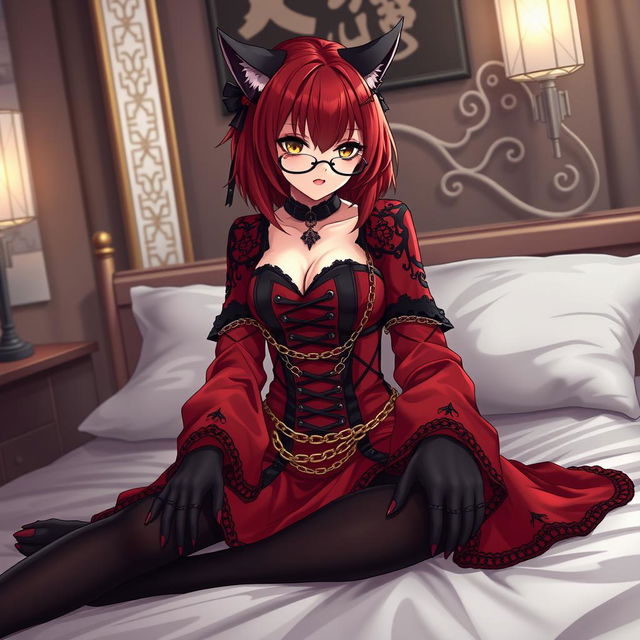 A sexy gothic anime girl, Kitsune, with shoulder-length red hair, sitting alluringly on a bed