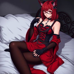 A sexy gothic anime girl, Kitsune, with shoulder-length red hair, sitting alluringly on a bed