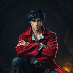 A young adult male pirate with striking black hair and vivid crimson red eyes, dressed in a luxurious red pirate coat, sitting confidently in a dark cave