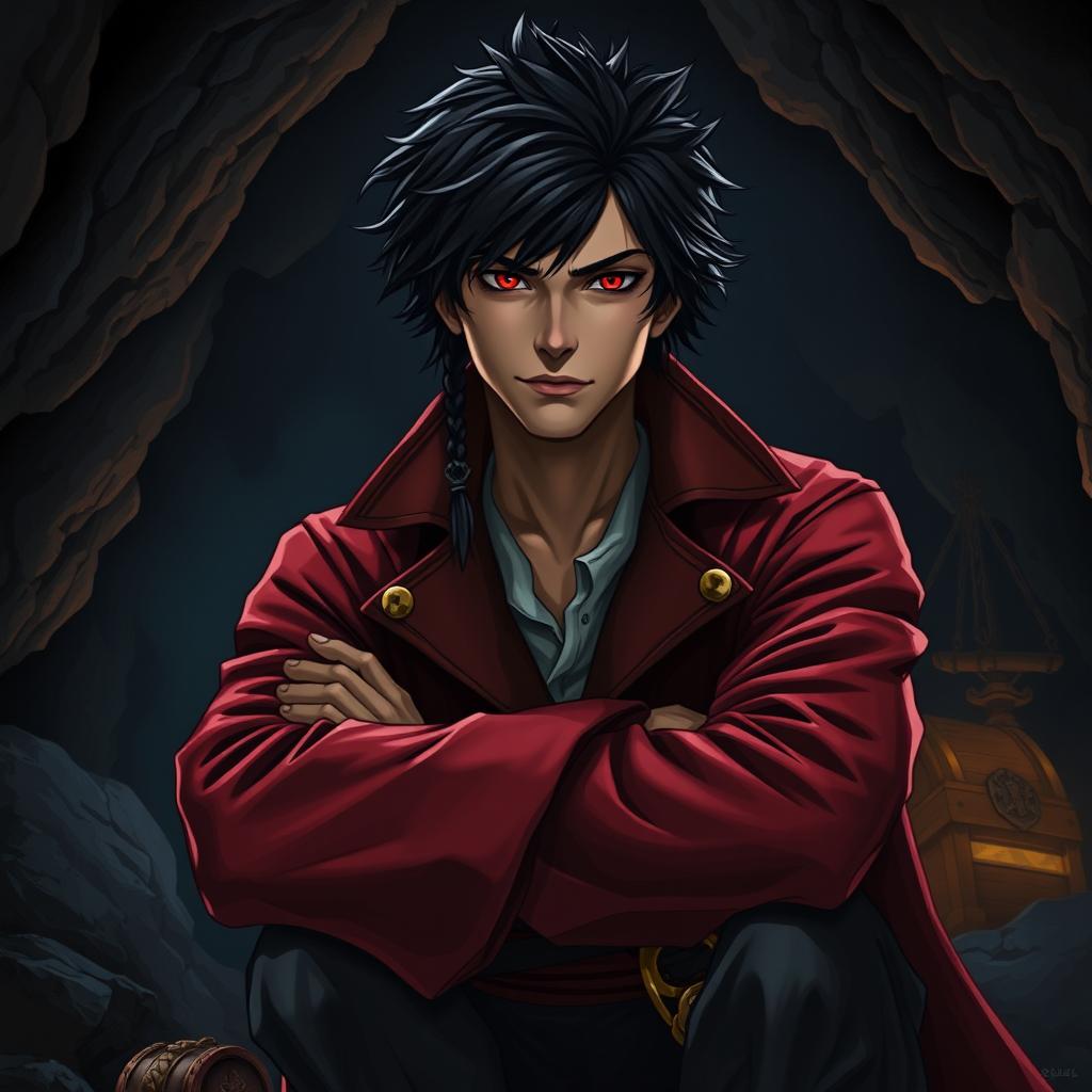 A young adult male pirate with striking black hair and vivid crimson red eyes, dressed in a luxurious red pirate coat, sitting confidently in a dark cave