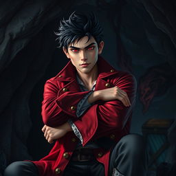 A young adult male pirate with striking black hair and vivid crimson red eyes, dressed in a luxurious red pirate coat, sitting confidently in a dark cave