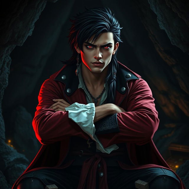 A young adult male pirate with striking black hair and vivid crimson red eyes, dressed in a luxurious red pirate coat, sitting confidently in a dark cave