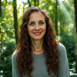 A 50-year-old white woman with long, brown, curly hair and hazel eyes, showcasing a very natural and modest appearance