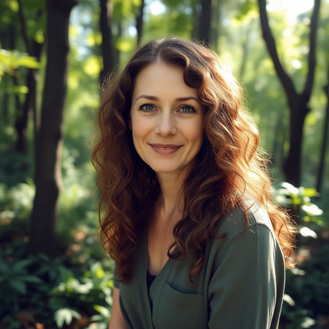 A 50-year-old white woman with long, brown, curly hair and hazel eyes, showcasing a very natural and modest appearance