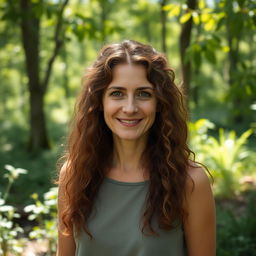 A 50-year-old white woman with long, brown, curly hair and hazel eyes, showcasing a very natural and modest appearance