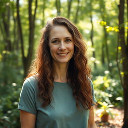 A 50-year-old white woman with long, brown, curly hair and hazel eyes, showcasing a very natural and modest appearance