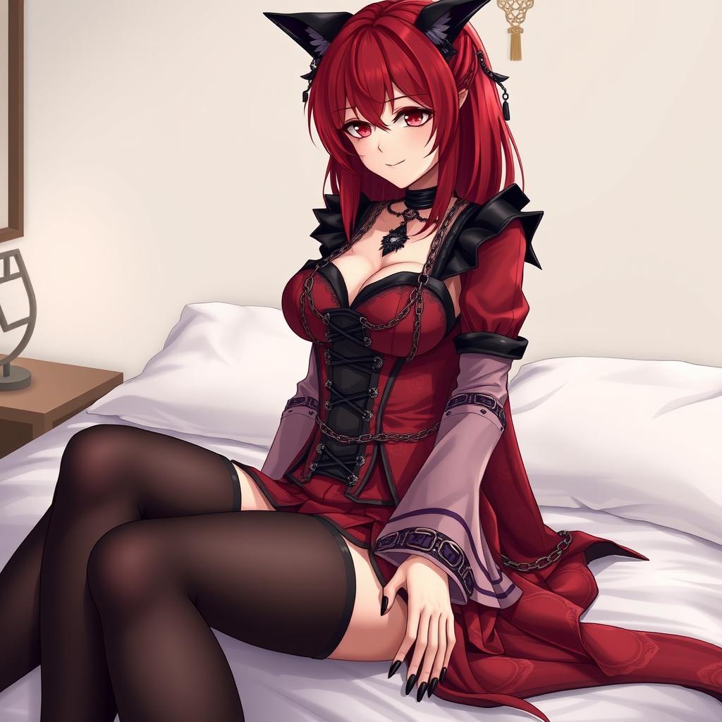 A sexy gothic anime girl, Kitsune, with shoulder-length red hair, sitting gracefully on a bed