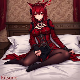 A sexy gothic anime girl, Kitsune, with shoulder-length red hair, sitting gracefully on a bed