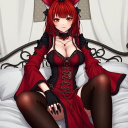 A sexy gothic anime girl, Kitsune, with shoulder-length red hair, sitting gracefully on a bed