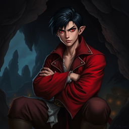 A young adult male pirate with jet black hair and striking crimson red eyes, dressed in a vibrant red pirate coat, sitting in a dark cave