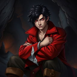 A young adult male pirate with jet black hair and striking crimson red eyes, dressed in a vibrant red pirate coat, sitting in a dark cave