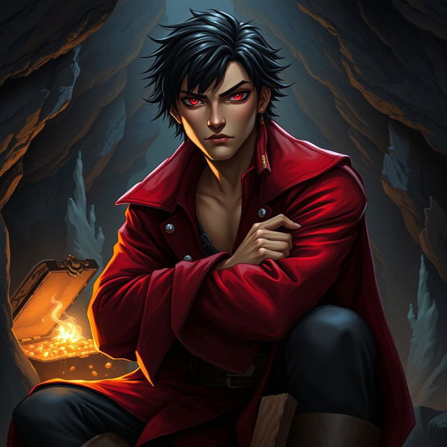 A young adult male pirate with jet black hair and striking crimson red eyes, dressed in a vibrant red pirate coat, sitting in a dark cave