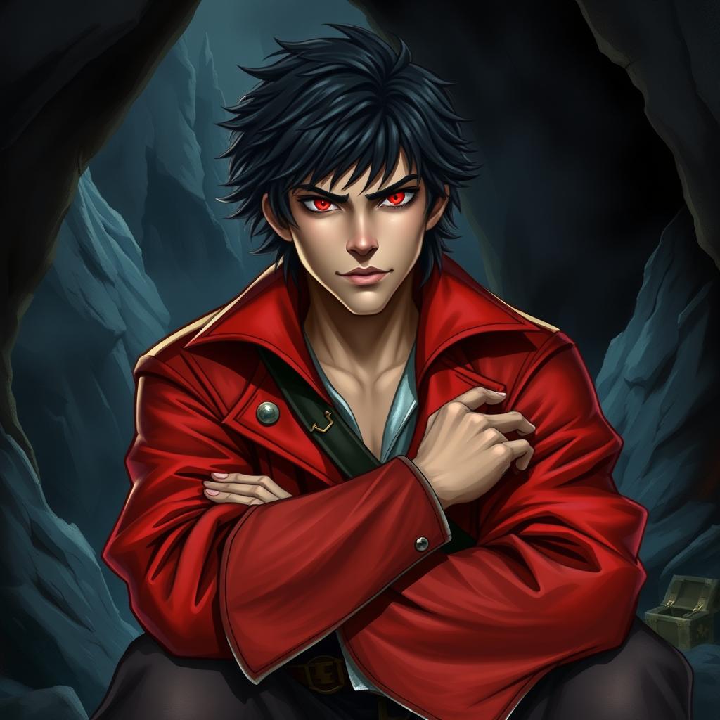 A young adult male pirate with jet black hair and striking crimson red eyes, dressed in a vibrant red pirate coat, sitting in a dark cave