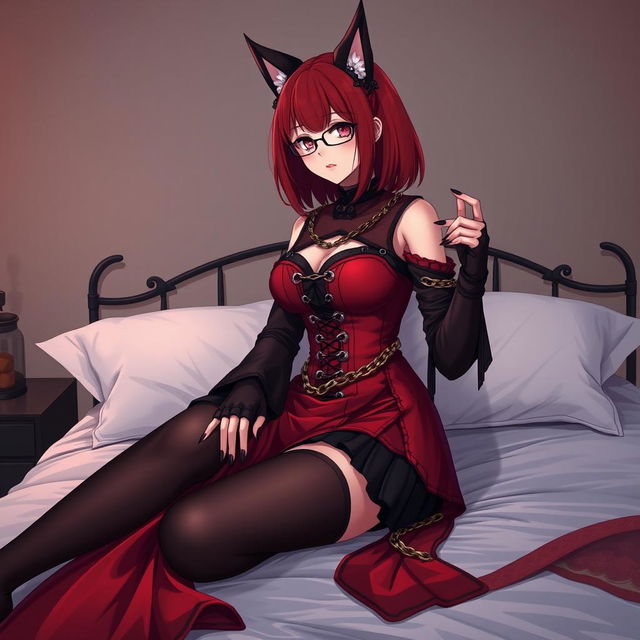 A sexy gothic anime girl, Kitsune, with shoulder-length red hair and a subtle smile, sitting gracefully on a bed