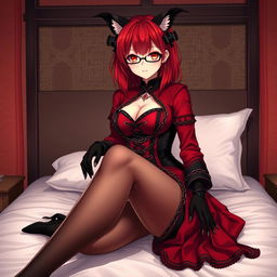 A sexy gothic anime girl, Kitsune, with shoulder-length red hair and a subtle smile, sitting gracefully on a bed