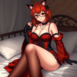 A sexy gothic anime girl, Kitsune, with shoulder-length red hair and a subtle smile, sitting gracefully on a bed