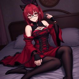 A sexy gothic anime girl, Kitsune, with shoulder-length red hair and a subtle smile, sitting gracefully on a bed