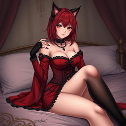 A sexy gothic anime girl, Kitsune, with shoulder-length red hair, sitting on a bed with a subtle but seductive smile