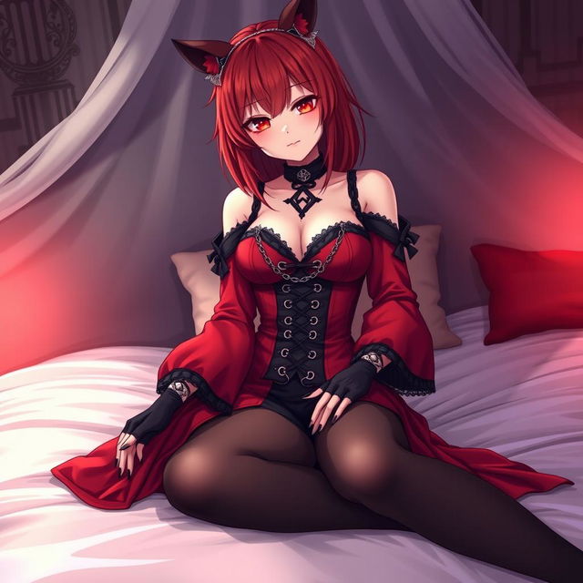 A sexy gothic anime girl, Kitsune, with shoulder-length red hair, sitting on a bed with a subtle but seductive smile