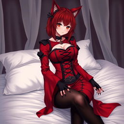 A sexy gothic anime girl, Kitsune, with shoulder-length red hair, sitting on a bed with a subtle but seductive smile
