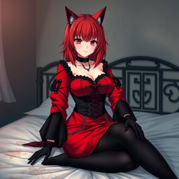 A sexy gothic anime girl, Kitsune, with shoulder-length red hair, sitting on a bed with a subtle but seductive smile