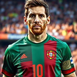 A close-up portrait of Lionel Messi wearing a Portuguese national football kit, showcasing intricate details of the jersey including the vibrant colors of green and red, with the iconic crest and number on the back