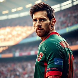 A close-up portrait of Lionel Messi wearing a Portuguese national football kit, showcasing intricate details of the jersey including the vibrant colors of green and red, with the iconic crest and number on the back