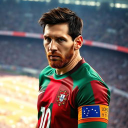 A close-up portrait of Lionel Messi wearing a Portuguese national football kit, showcasing intricate details of the jersey including the vibrant colors of green and red, with the iconic crest and number on the back