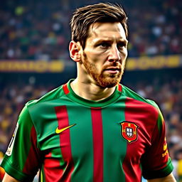 A close-up portrait of Lionel Messi wearing a Portuguese national football kit, showcasing intricate details of the jersey including the vibrant colors of green and red, with the iconic crest and number on the back
