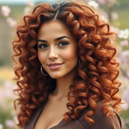 A beautiful woman with stunning, voluminous curly hair beautifully styled, showcasing vibrant locks that cascade down her shoulders