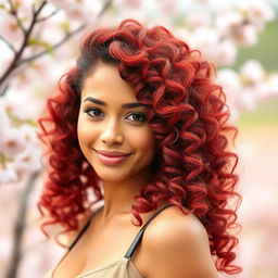 A beautiful woman with stunning, voluminous curly hair beautifully styled, showcasing vibrant locks that cascade down her shoulders