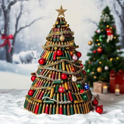 A Christmas tree made from military ammunition cartridges, creatively arranged to resemble a traditional tree