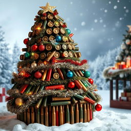 A Christmas tree made from military ammunition cartridges, creatively arranged to resemble a traditional tree