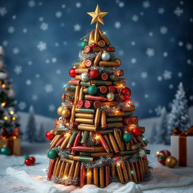 A Christmas tree made from military ammunition cartridges, creatively arranged to resemble a traditional tree