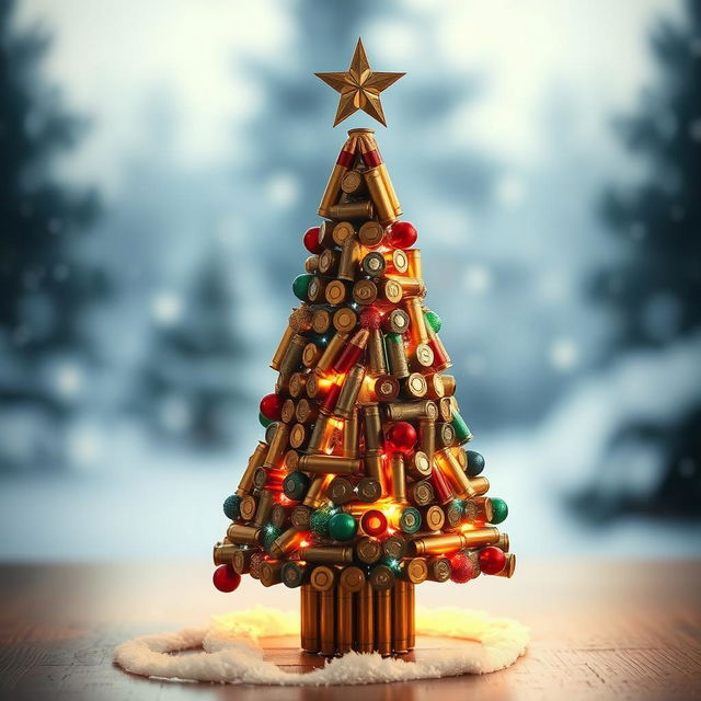 A Christmas tree creatively constructed from war cartridges, showcasing an intricate design with various sizes and colors of the cartridges neatly arranged to form a triangular tree shape