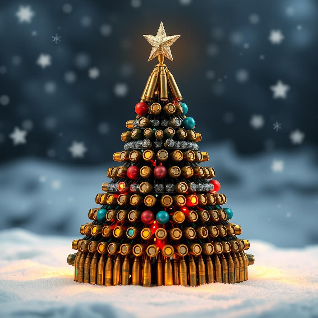 A Christmas tree creatively constructed from war cartridges, showcasing an intricate design with various sizes and colors of the cartridges neatly arranged to form a triangular tree shape