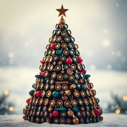A Christmas tree creatively constructed from war cartridges, showcasing an intricate design with various sizes and colors of the cartridges neatly arranged to form a triangular tree shape