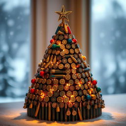 A Christmas tree creatively constructed from war cartridges, showcasing an intricate design with various sizes and colors of the cartridges neatly arranged to form a triangular tree shape