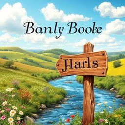 A stunning and whimsical cover design for an English book, featuring a picturesque countryside landscape with rolling hills, blooming wildflowers, and a serene river flowing through the scene